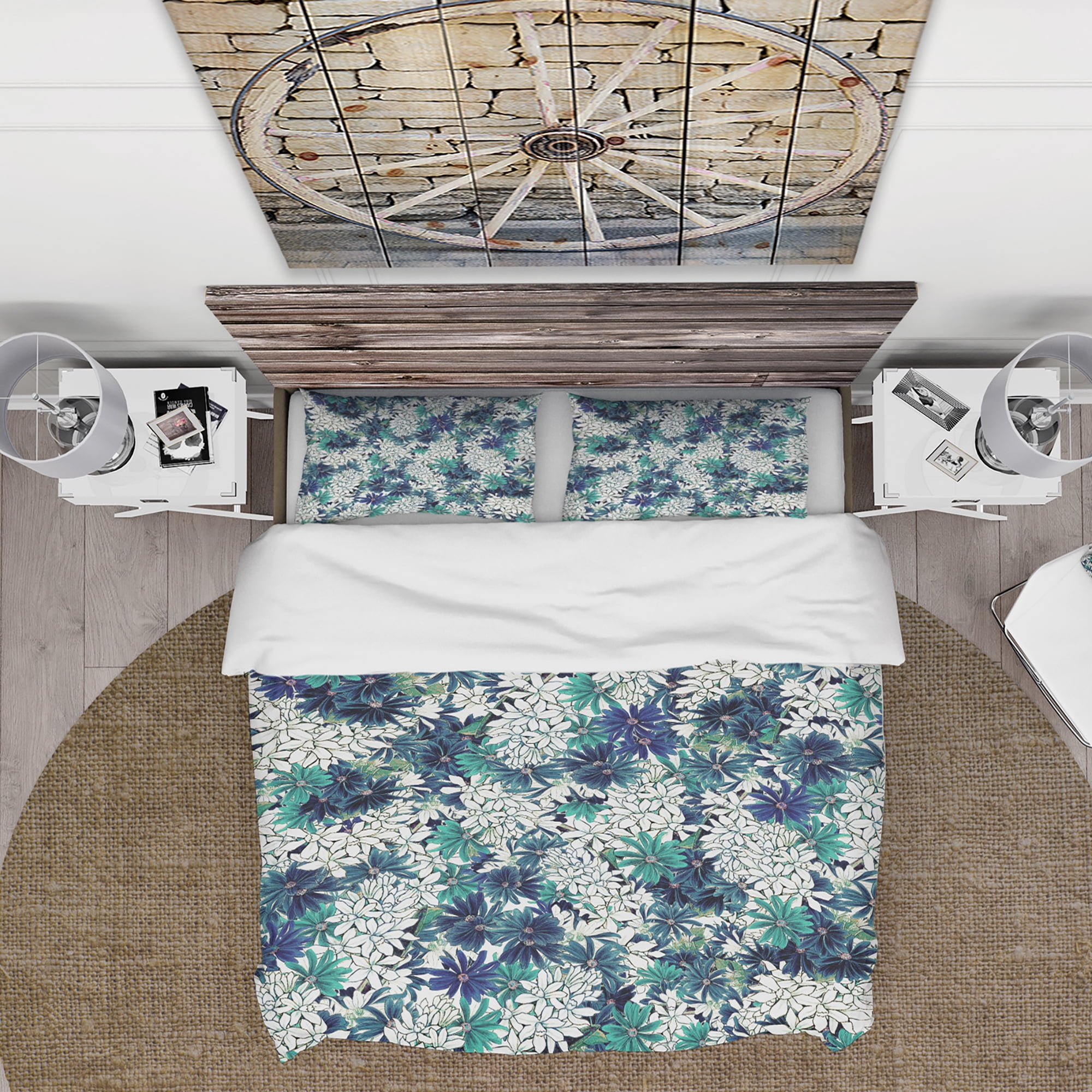 Designart 'Turquoise and White Ocean Of Flowers' Floral Duvet Cover Set