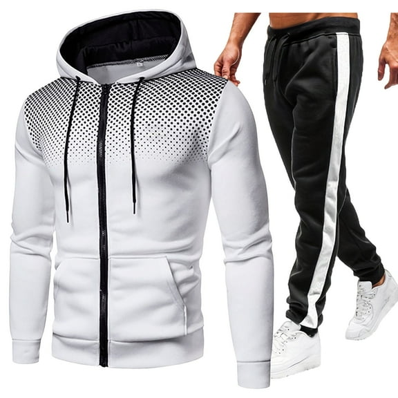 Caqnni Mens 2 Piece Tracksuit Outfit Athletic Jogging Sports Long Sleeve Hoodie Sweatpants Sets Summer Fall Casual Full-Zip Sweatsuits S-XXXL (White,L)