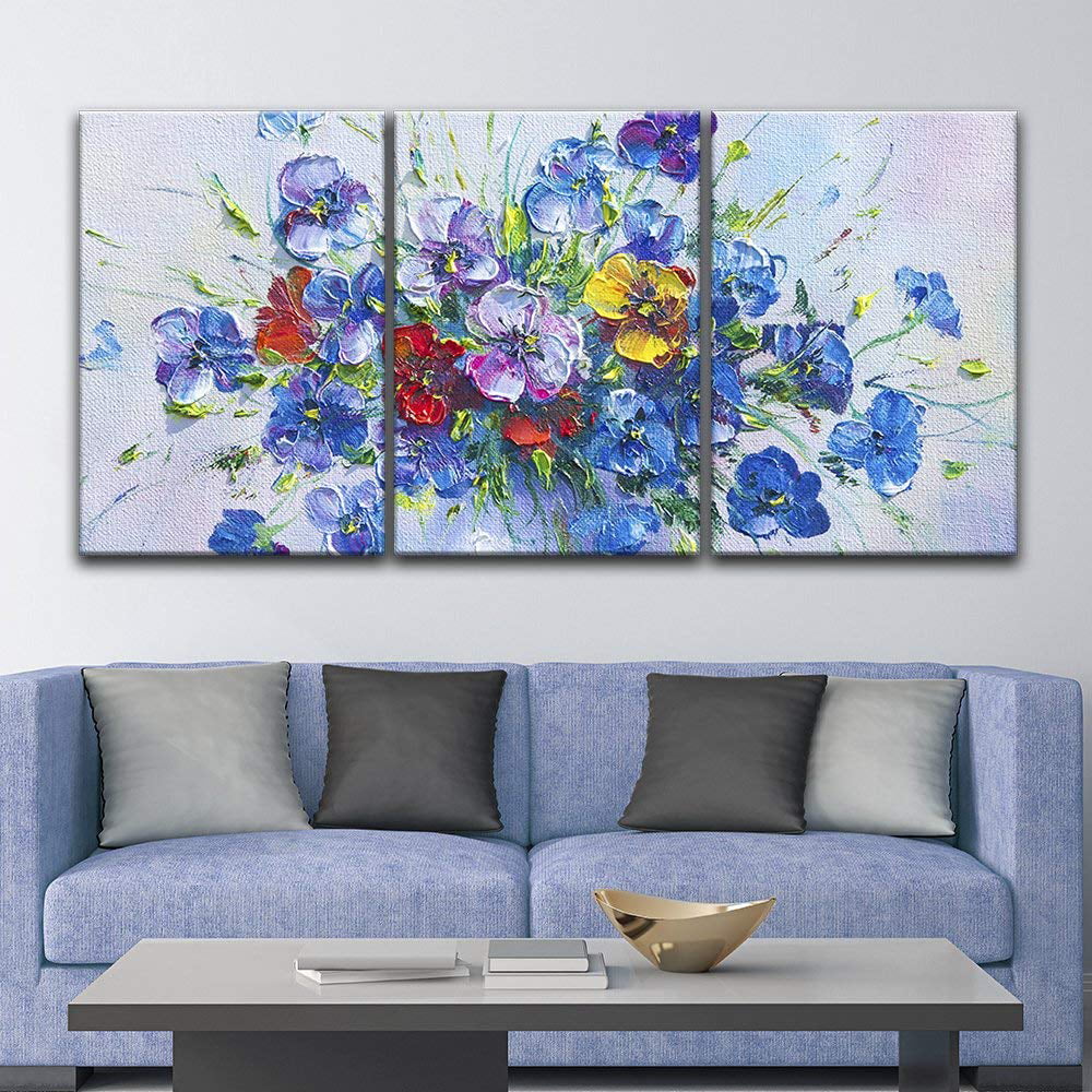wall26 3 Panel Canvas Wall Art - Oil Painting Style Blue Flowers
