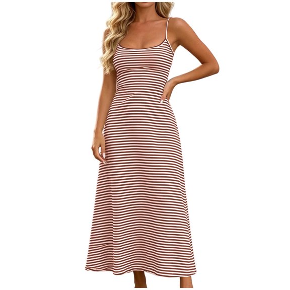 Womens Summer Dresses Striped Sleeveless Square Neck A Line Dress Soft Casual Lounge Maxi Dress Brown S