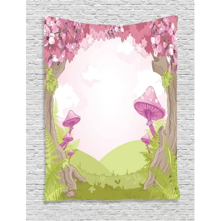 Mushroom Lane - Mushroom Decor Wall Hanging Tapestry, Cherry Blossom Trees In Fairytale Land Forest Surreal Fantasy Wonderland Image, Bedroom Living Room Dorm Accessories, By Ambesonne