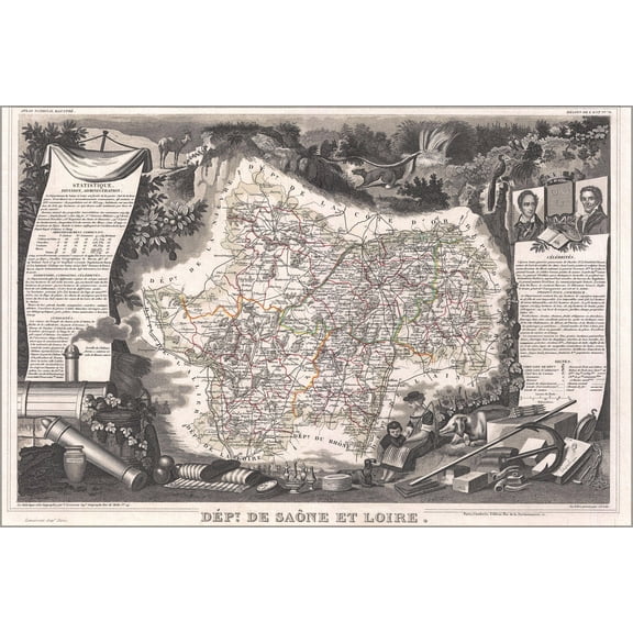 24"x36" Gallery Poster, 1852 Levasseur Map of the Department De Saone Et Loire, France (Burgundy or Bourgogne Wine Region)
