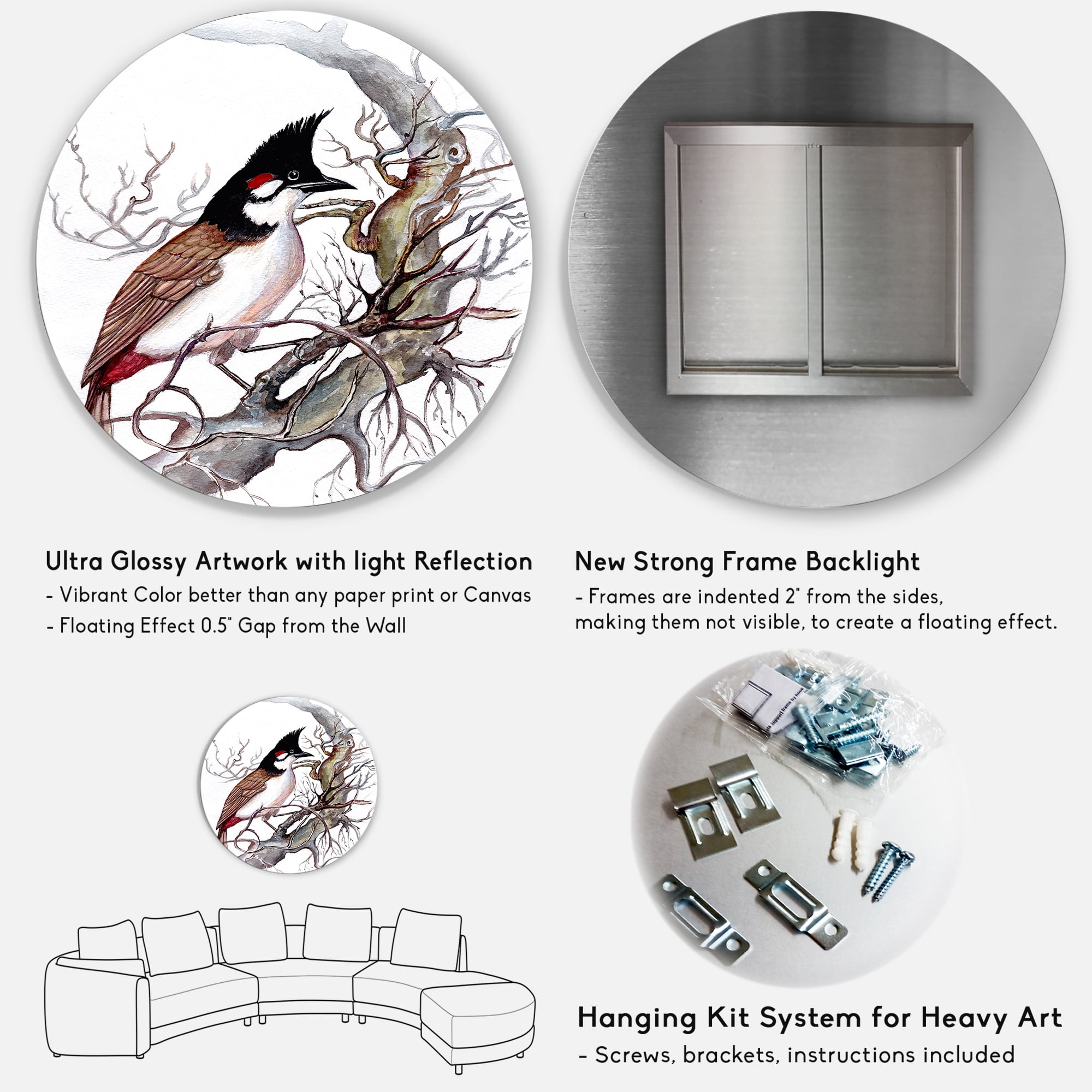Designart 'Ancient Beautiful Bird On A Branch' Traditional Circle Metal Wall Art 23x23 - Disc of 23
