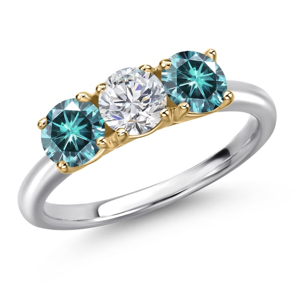 Gem Stone King 10K Two Tone Gold Lab Grown Diamond and Blue Moissanite Engagement Ring for Women | 1.50 Cttw | Round 5MM | Gemstone April Birthstone | Size 7