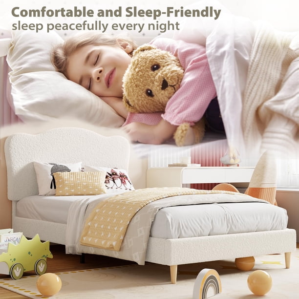Cama Twin XL tapizada para niños con cabecera ajustable estilo bouclé – Estructura robusta, sin box spring, silenciosa, fácil montaje – Color blanco rotatorio, tamaño TWIN-XL