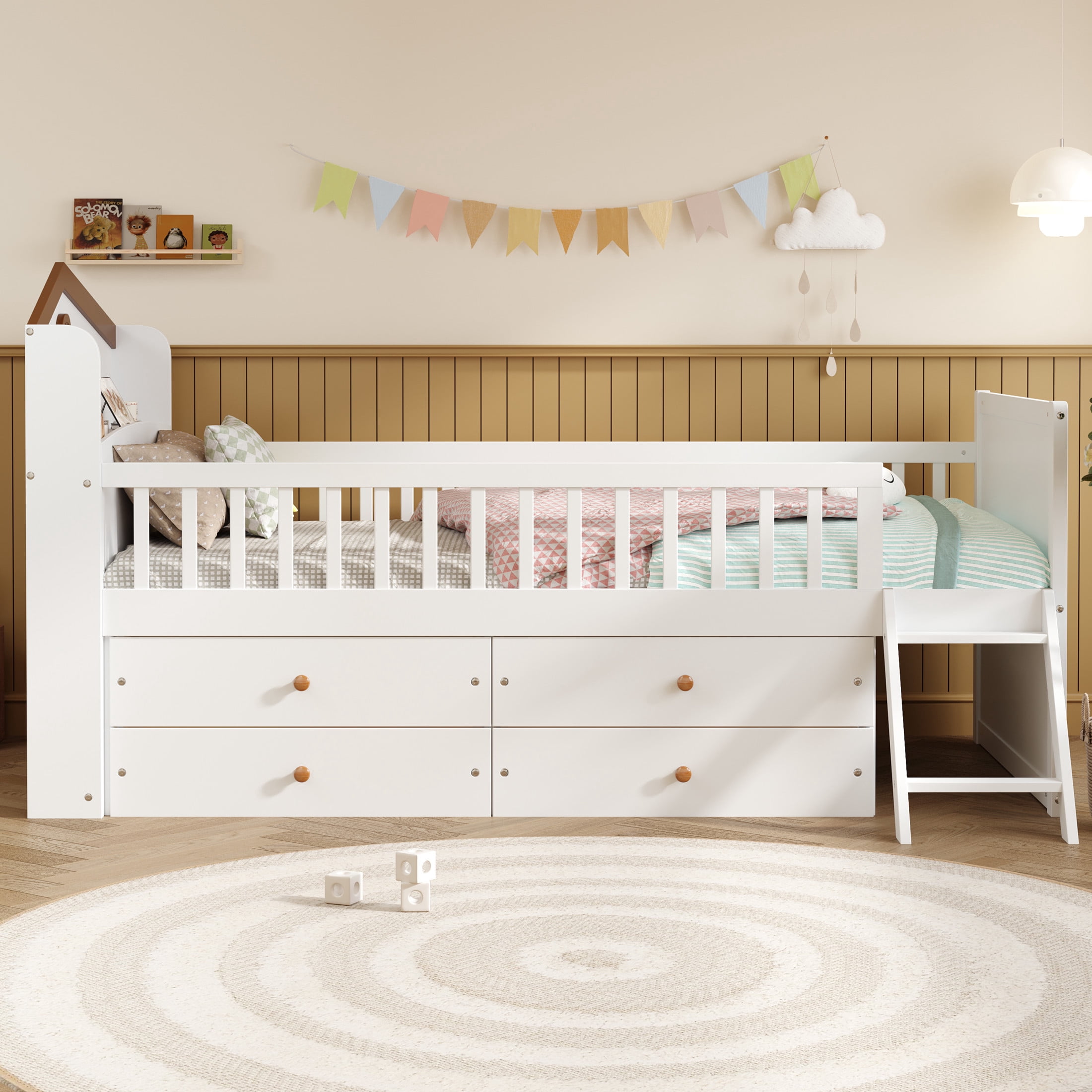 Noble House Twin Bed Frame with 4 Storage Drawers, House Headboard and Guardrails, White