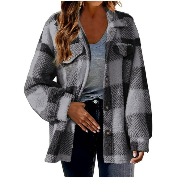 felwors Fuzzy Fleece Jackets for Women Casual Button Down Sherpa Jacket Warm Plaid Shacket Trendy Winter Coats Outwear 2025 Grey, S