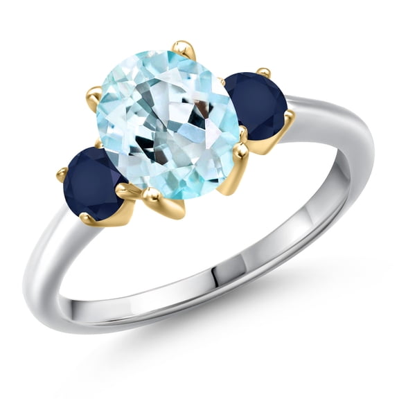 Gem Stone King 925 Silver and 10K Yellow Gold Sky Blue Topaz and Blue Sapphire Engagement Ring for Women | 2.70 Cttw | Oval 9X7MM | Gemstone November Birthstone | Size 5