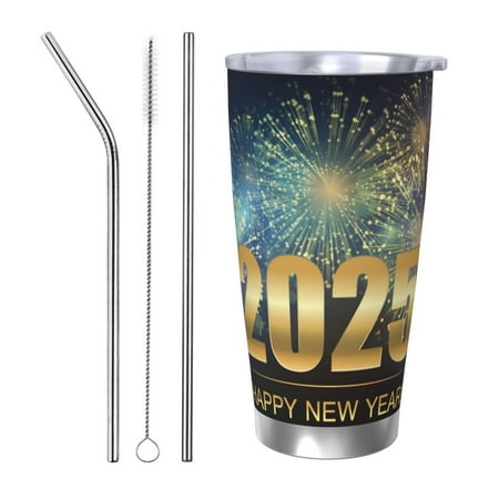 

Zeuib 2025 New Year 5 Printed 20oz Stainless Steel Insulated Car Cup Stainless Steel Thermal Cup Vacuum Insulated Leak-proof Travel Mug Cup-Straw Three-piece Set