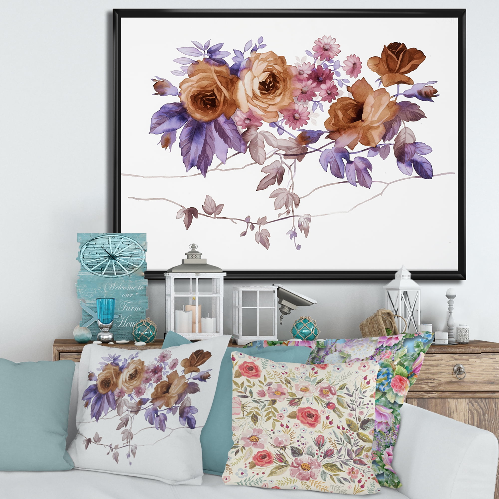 Designart 'Purple Wildflowers On White IV' Traditional Framed Canvas Wall Art Print