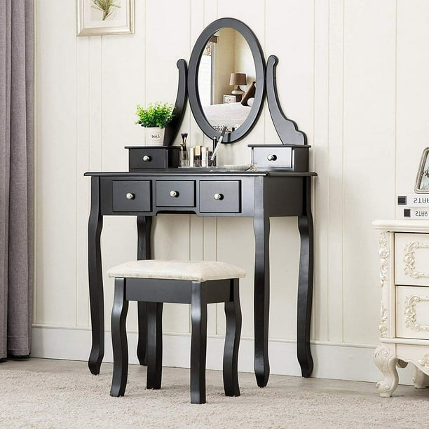 Ktaxon Black Vanity Set With Stool Makeup Table With 5 Drawers Mirror Room Dresser Walmart Com Walmart Com