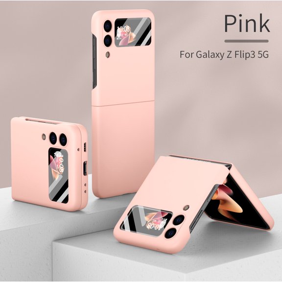for Samsung Galaxy Z Flip 3 5G Case with Protective Film, Ultra Thin Shockproof Anti-Fingerprint Back Cover Case for Samsung Z Flip 3-Pink