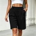 thumbnail image 3 of Puyaiuu Women Elastic High Waist Pleated Side Pocket Knee Length Bermuda Shorts Black L Gift, 3 of 6
