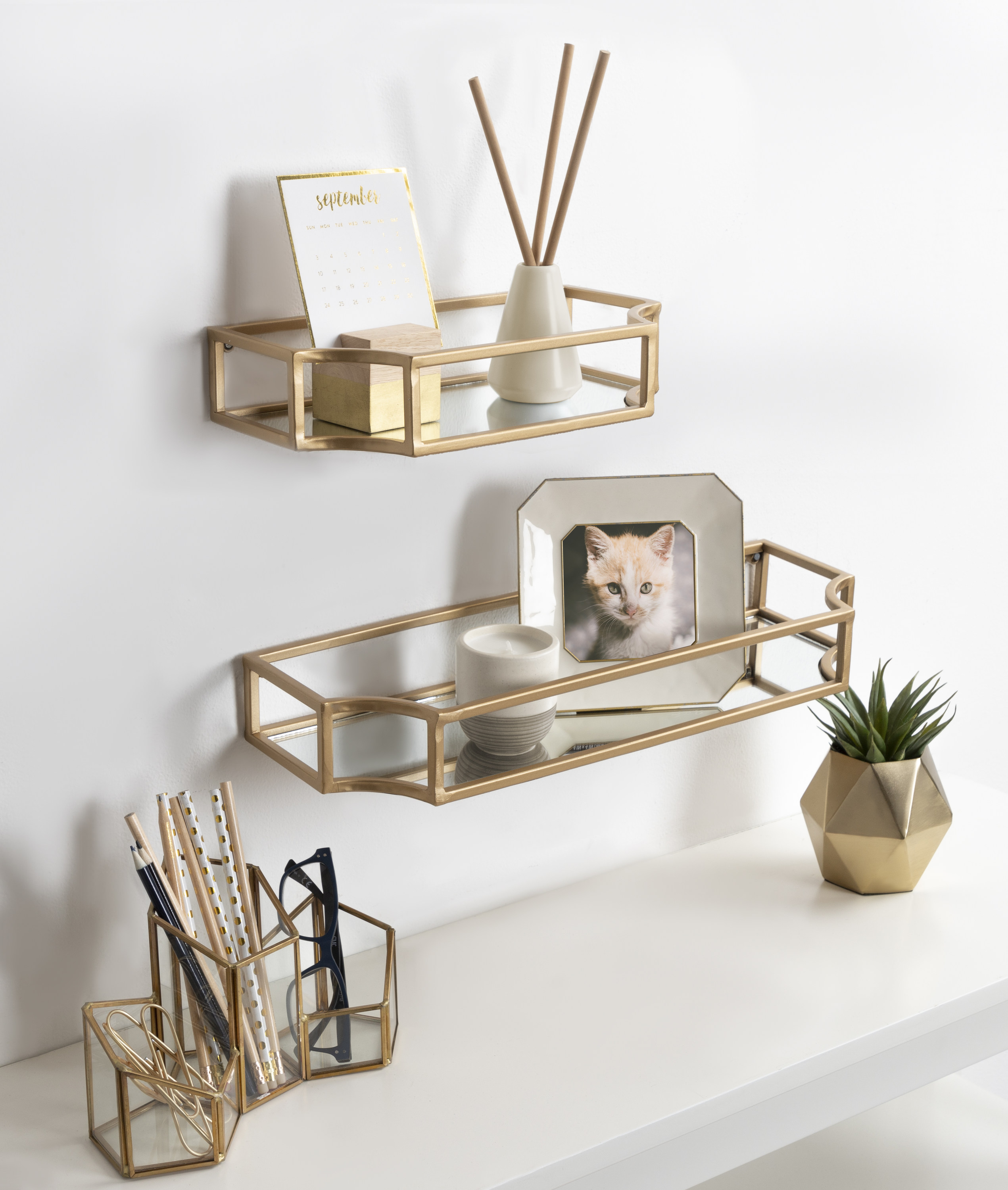 Kate and Laurel Ciel Modern Glam Metal Wall Shelf Set, Set of 2, Gold, Elegant  Wall Decor and Storage