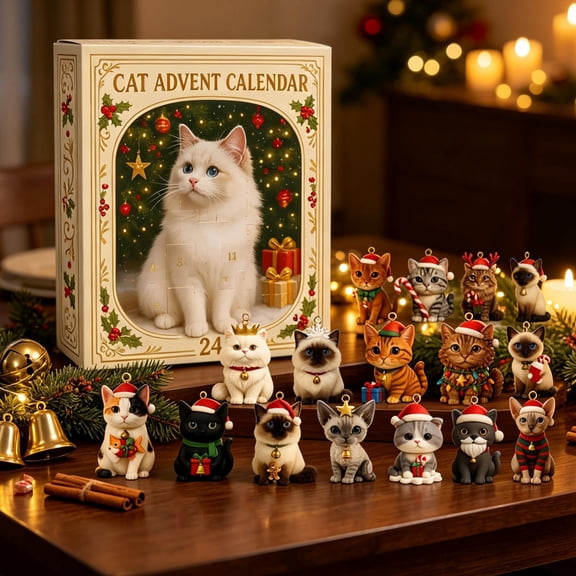 Advent Calendar 2026, 24 PCS 2D Flat Cats Christmas Ornaments, Christmas Countdown Calendar