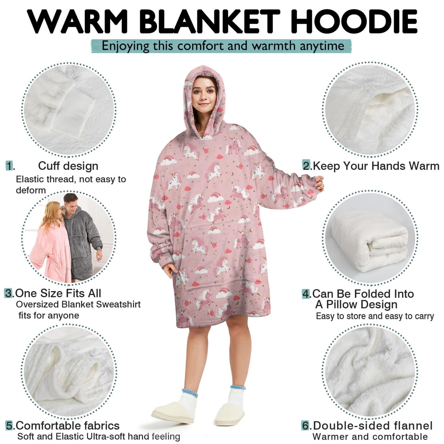 Wearable Oversized Blanket,Pink Unicorn Cloud Heart Pattern Wearable Blanket Hoodie for Adults,Cozy Hooded Blankets with Super Pockets,Super Warm Fuzzy Pullover for Women & Men