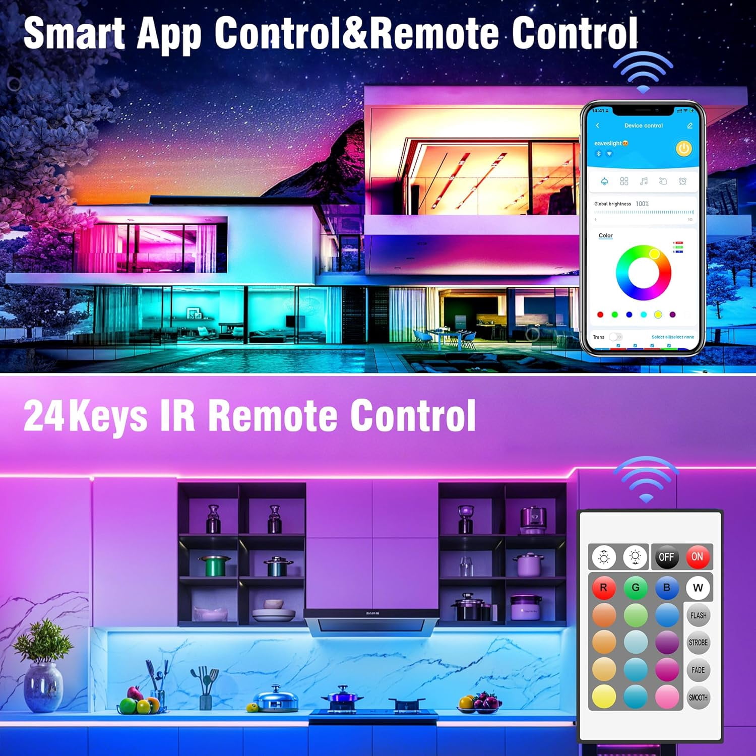 100ft Led Strip Lights for Bedroom, Color Changing Led Light Strips Kit with Bluetooth App Control and IR Remote, RGB Music Sync Lighting for Room, Home Decor