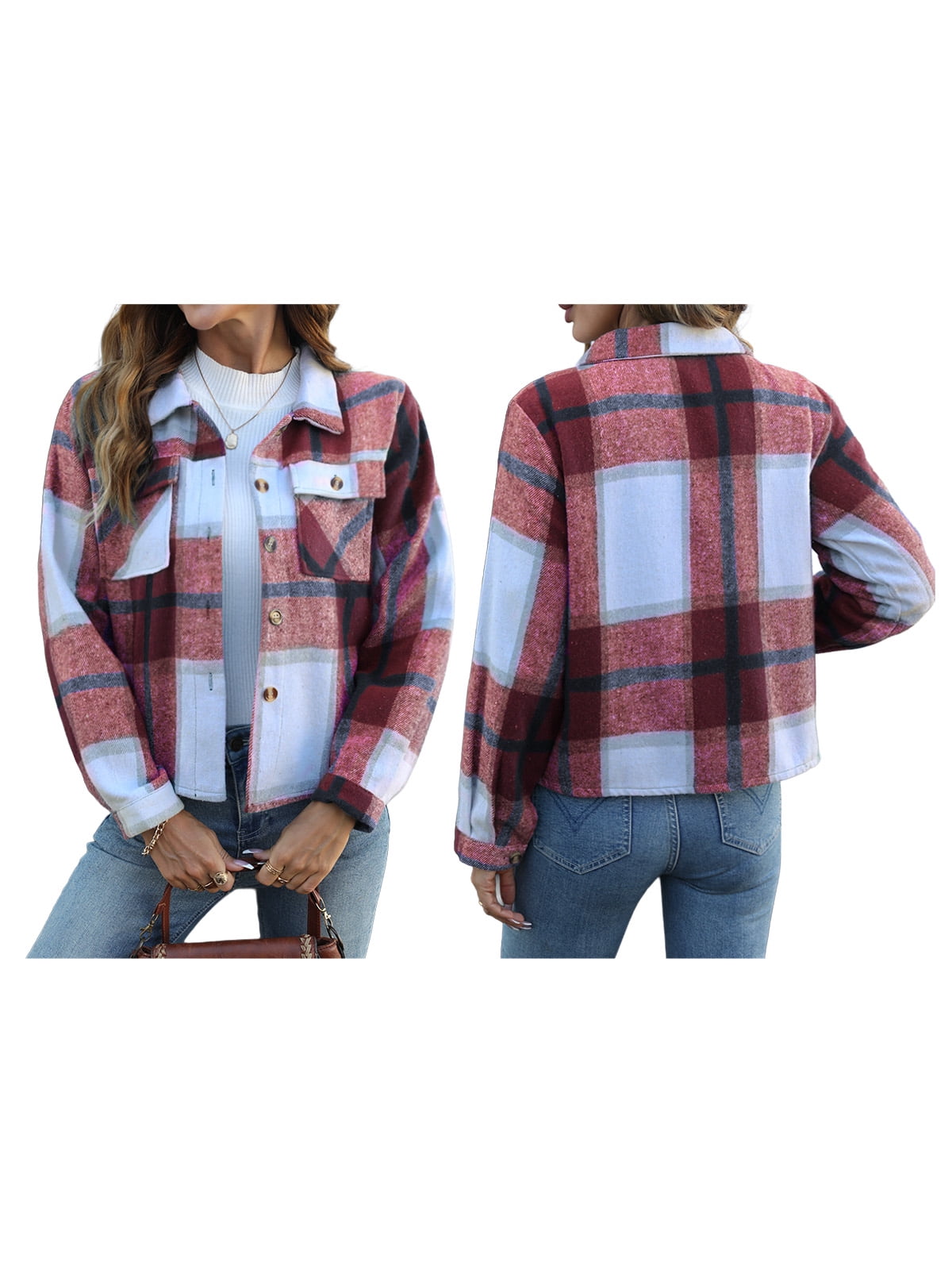 Anygrew Womens Shacket Plaid Shirts Flannel Shacket Jacket Long Sleeve Button Down Shirt Trendy Fall Outfits for Women Coats