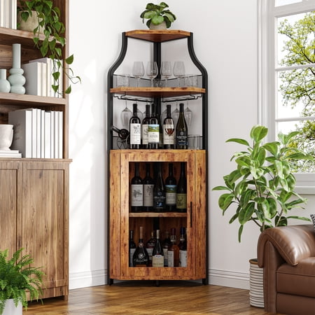 Corner Bar Wine Cabinet with Glass Holder Wine Bar Rack Cabinet with Mesh Door & Glass Holder Industrial Liquor Cabinet for Home Kitchen Dinning Room Rustic Brown