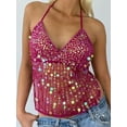 thumbnail image 4 of Women Y2K Sequin Halter Neck Crop Tops V Neck Glitter Cami Top Tie Up Back Sparkle Slim Tank Tops, 4 of 5