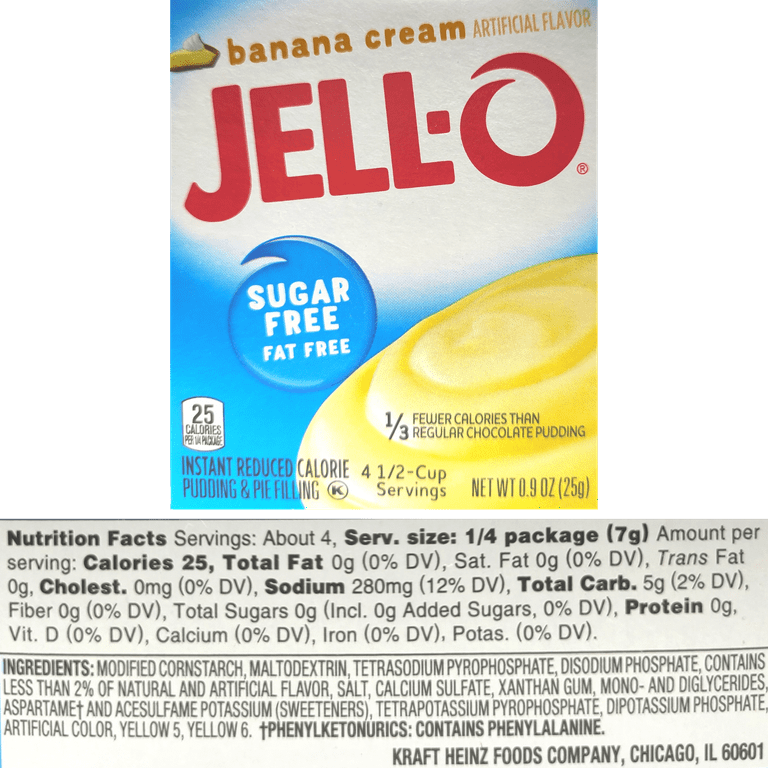 Jell-O Sugar Free Banana Cream Instant Pudding Mix Pack of 2 Low
