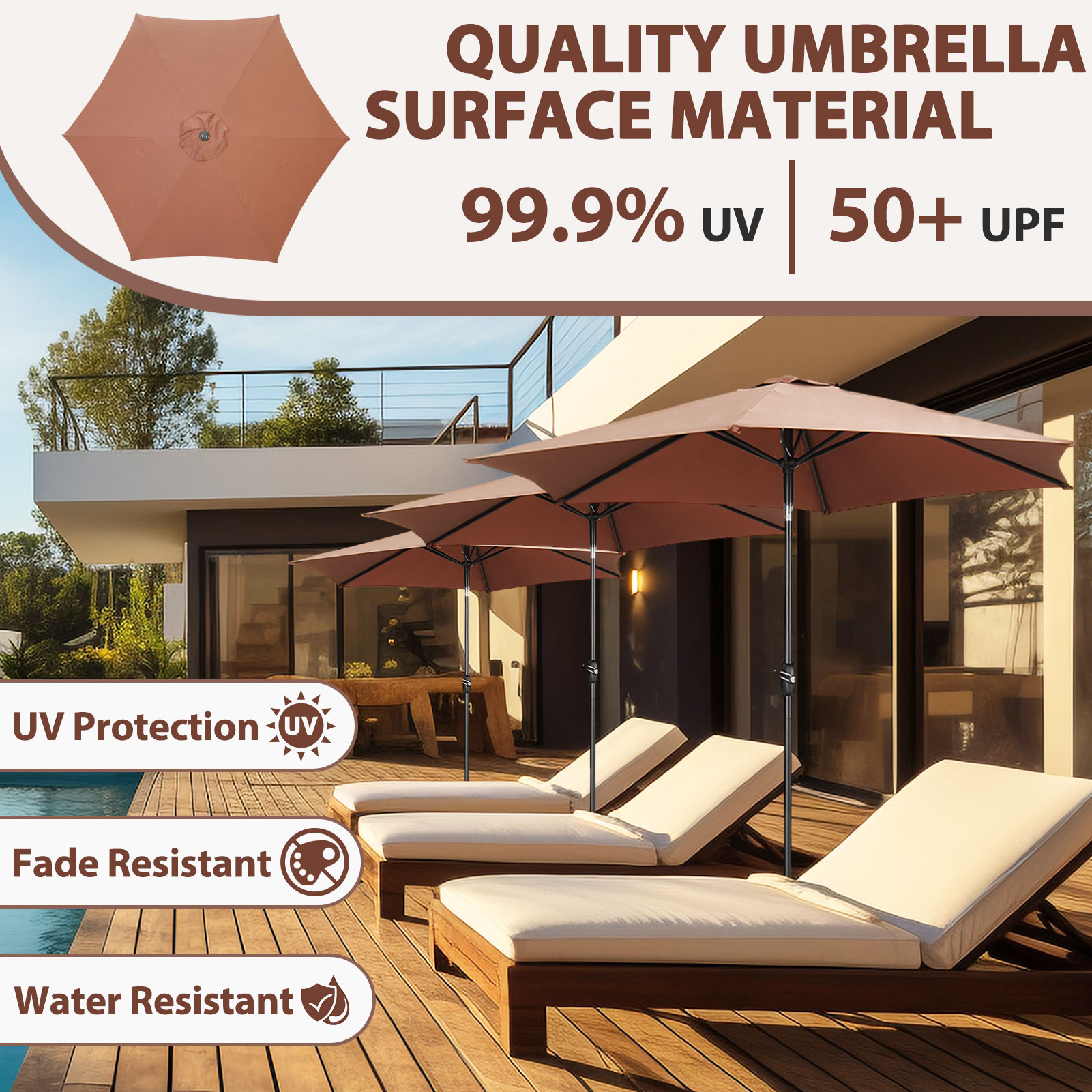 Autlaycil 9ft Outdoor Patio Umbrellas 6 Ribs W/ Tilt & Crank Patio Table Umbrella for Patio, Garden and Poolside- Coffee