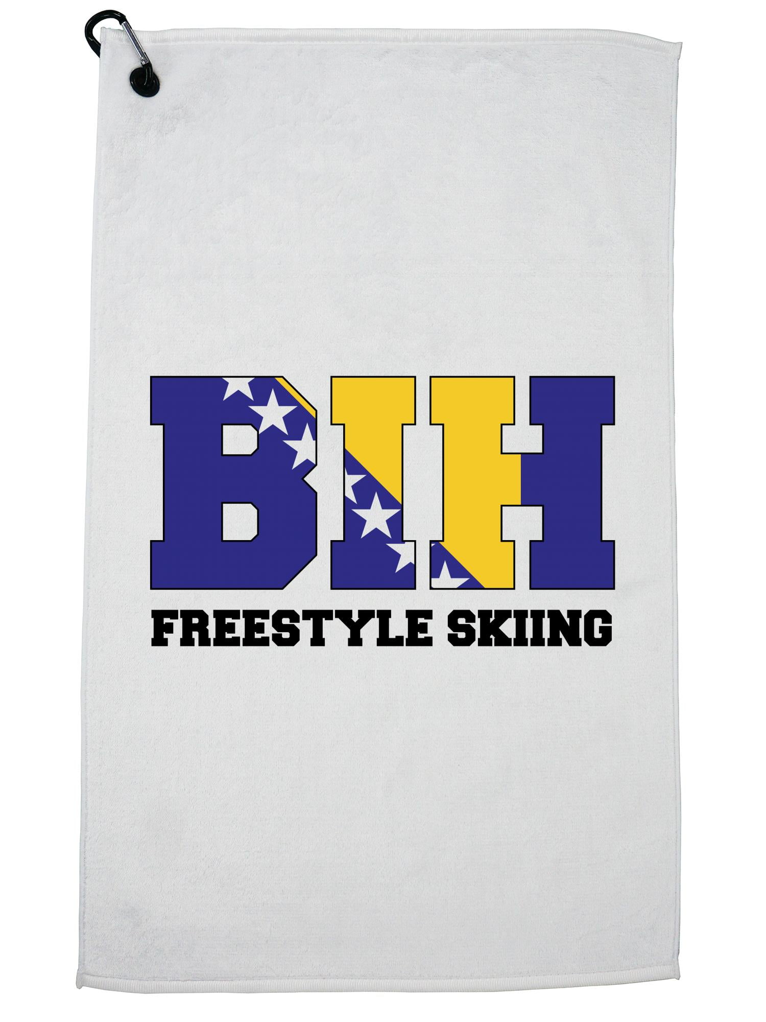 Bosnian Freestyle Skiing Winter Olympic BIH Flag Golf Towel with Carabiner Clip by Hollywood Thread