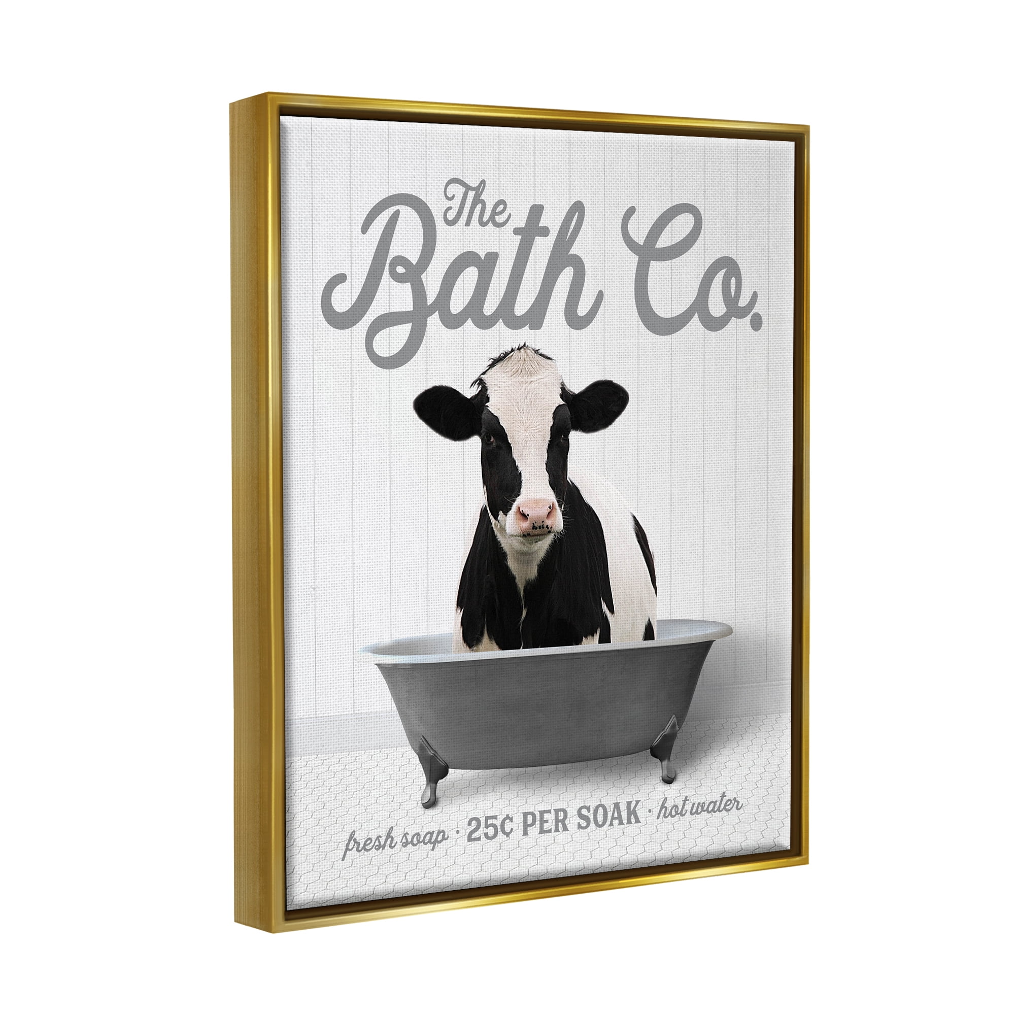 Stupell Industries Farmhouse Cow in Tub Animals & Insects Painting Gold Floater Framed Art Print Wall Art, 17 x 21