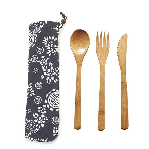 Cubiertos de Bambú ANGGREK cuchillo cuchara tenedor Bolsa de Tela azul negro
