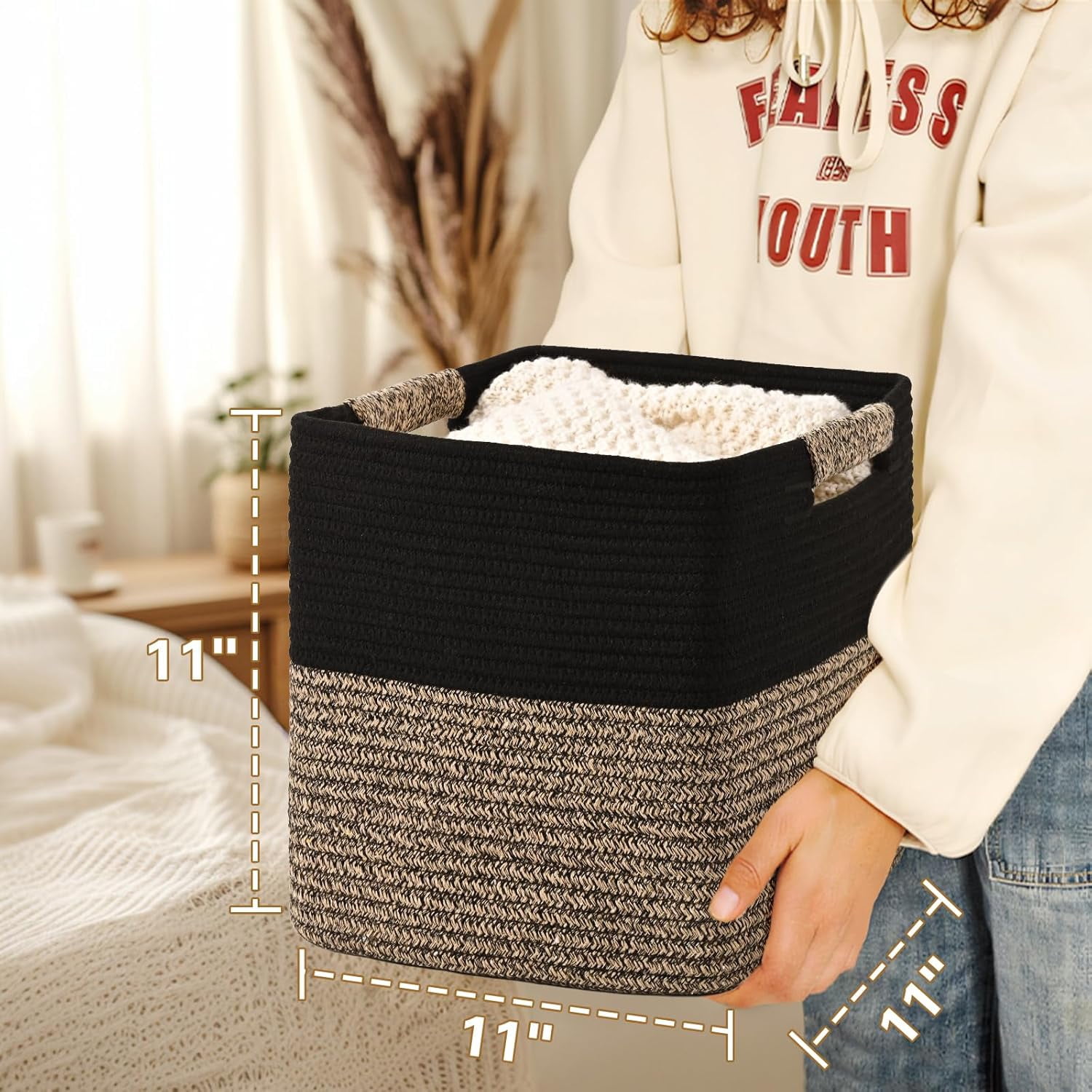 Natubeau 3 Pack Woven Storage Basket for Shelves, Cube Storage Bins, Cotton Rope Woven Baskets for Organizing, 11 Inch, Black