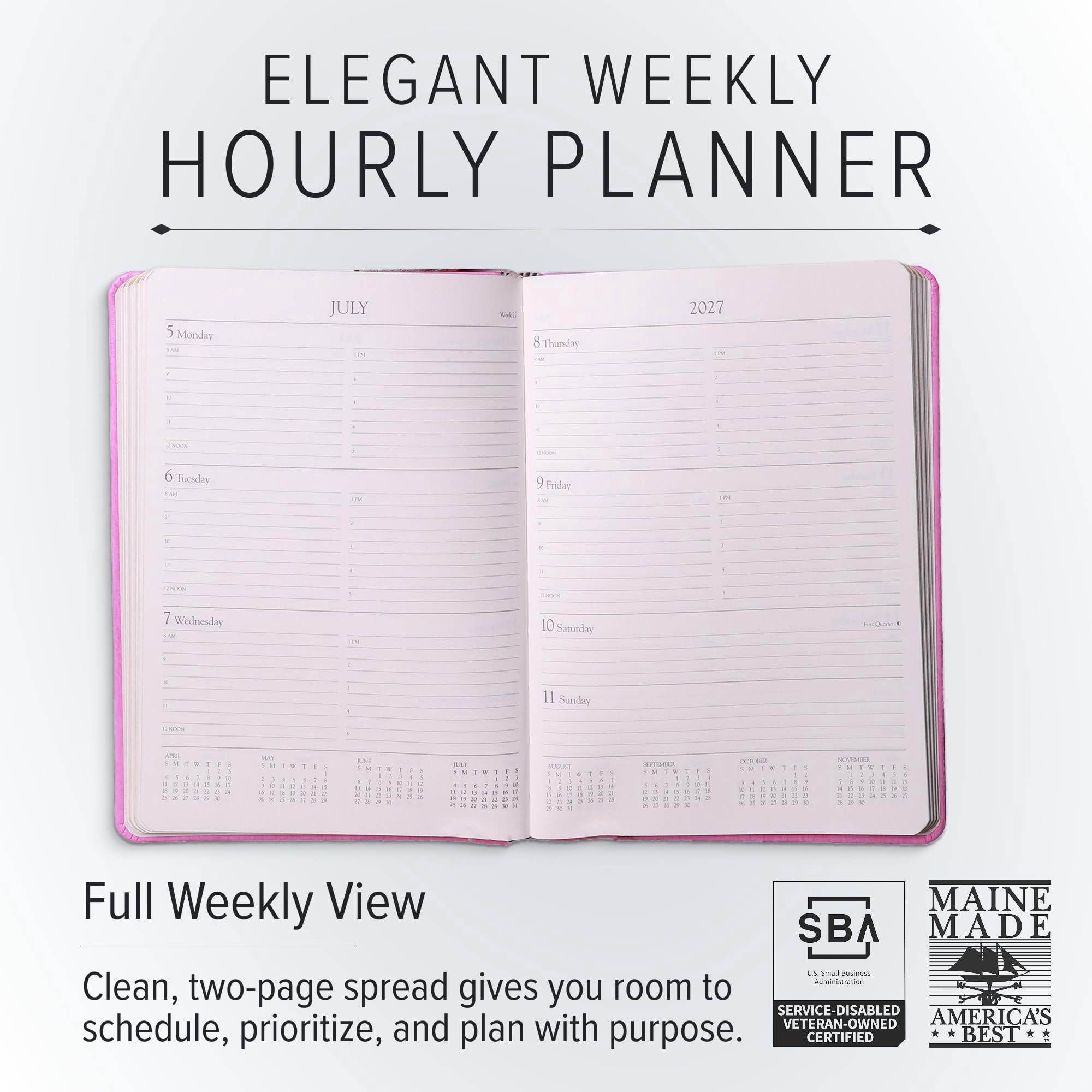 Gallery Leather Desk Hourly Weekly Monthly Planner 2027, Elegantly Bound Calendar Planner and Notebook with Stylish Gold-Gilded Page Edges, 12 Months - Acadia Deep Red - 8x5.5"