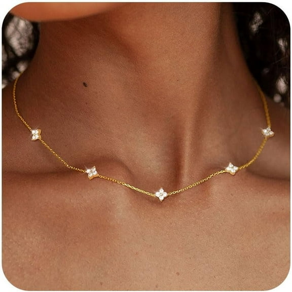 Dainty Silver Gold Necklaces for Women Trendy Non Tarnish 14K Gold Plated Cubic Zirconia Necklace Layered Cute Butterfly Heart Station Choker Necklace Stack for Wedding Prom Brides Jewelry