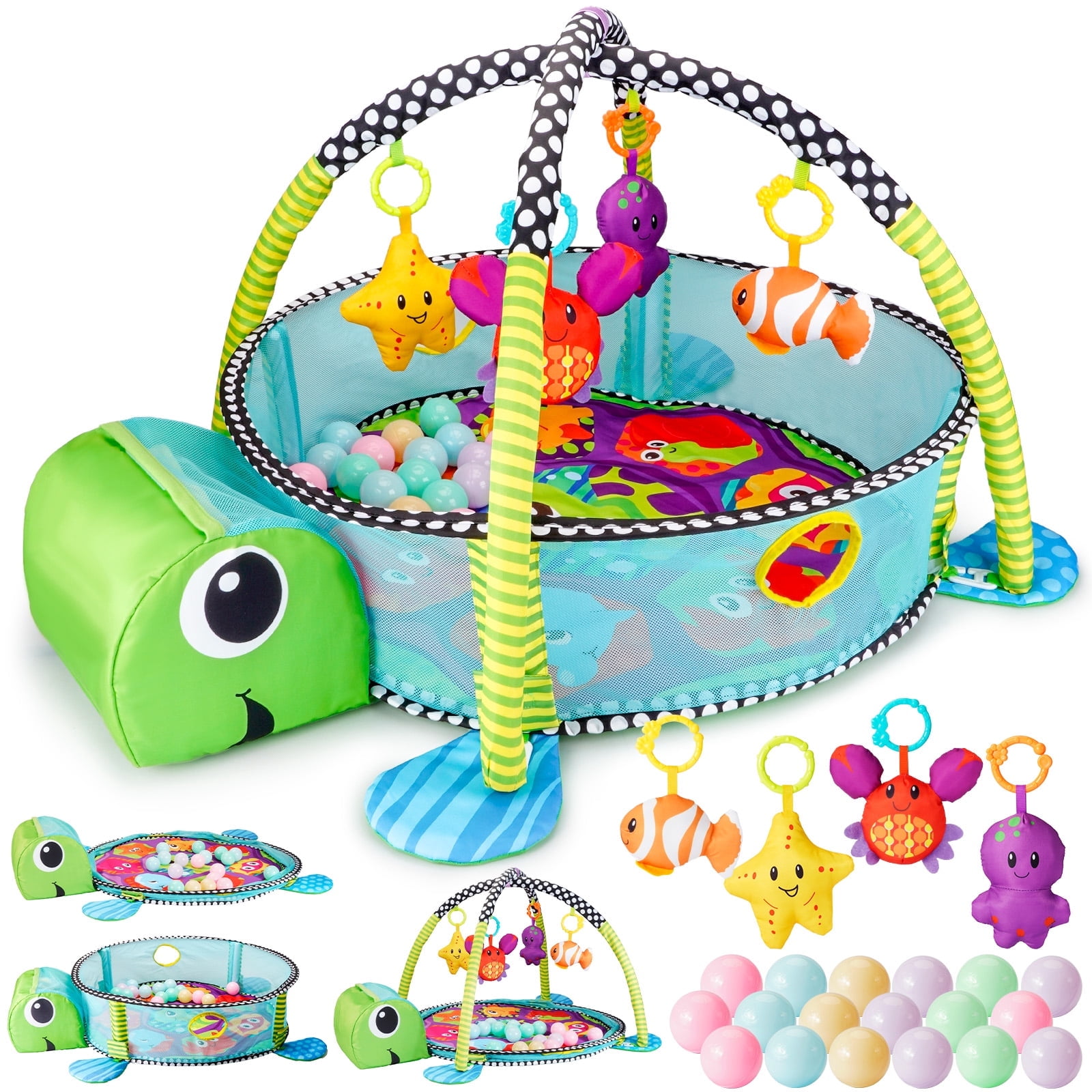 Towond 3-in-1 Baby Play Gym & Activity Mat, Turtle Theme Tummy Time Mat with Ocean Ball Pit & Hanging Sensory Toys, for 0-36 Months Infant Motor Skills Development