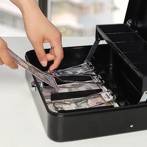 Large Cash Box with Money Tray and Lock - Safe Box for Cash Saving Key Lock Money Organizer Box, 11.8L x 9.5W x 3.5H Inches, Black, SM-CB0501L, XLarge