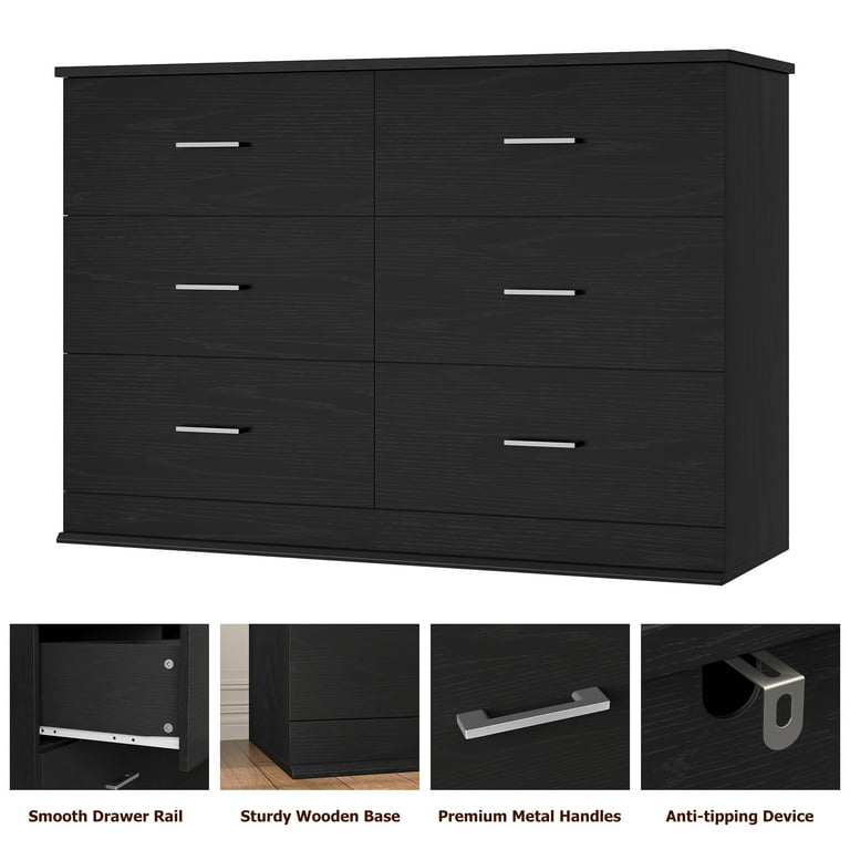 Homfa 6 Drawer Double Dresser for Bedroom, Modern Wood Chest of Drawers  with Metal Handles for Living Room, Black - Walmart.com