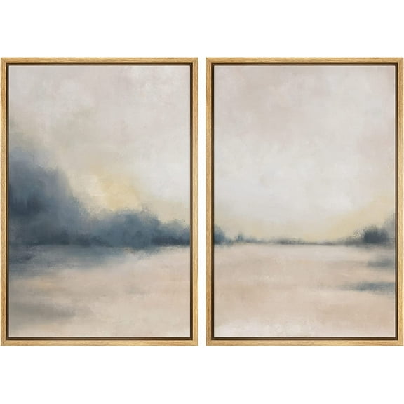 IDEA4WALL Framed Canvas Print Wall Art Set of 2 Gray & Tan Grunge Pastel Watercolor River Landscape Abstract Modern Art Colorful Contemporary Print for Bedroom, Office - 16"x24"x2 Panels Natural