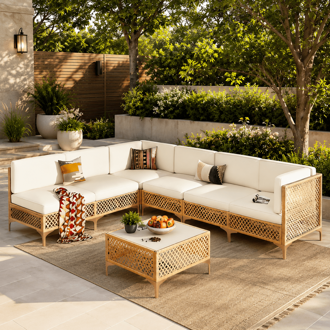 LAZZO 7 Pieces Outdoor Conversation Set, PE Rattan Wicker Patio Furniture Sets, All Weather Sectional Sofa with Beige Cushions