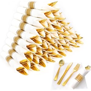 50 Pack Pre Rolled Gold Plastic Silverware Set with Napkins 50 pack gold plastic silverware set