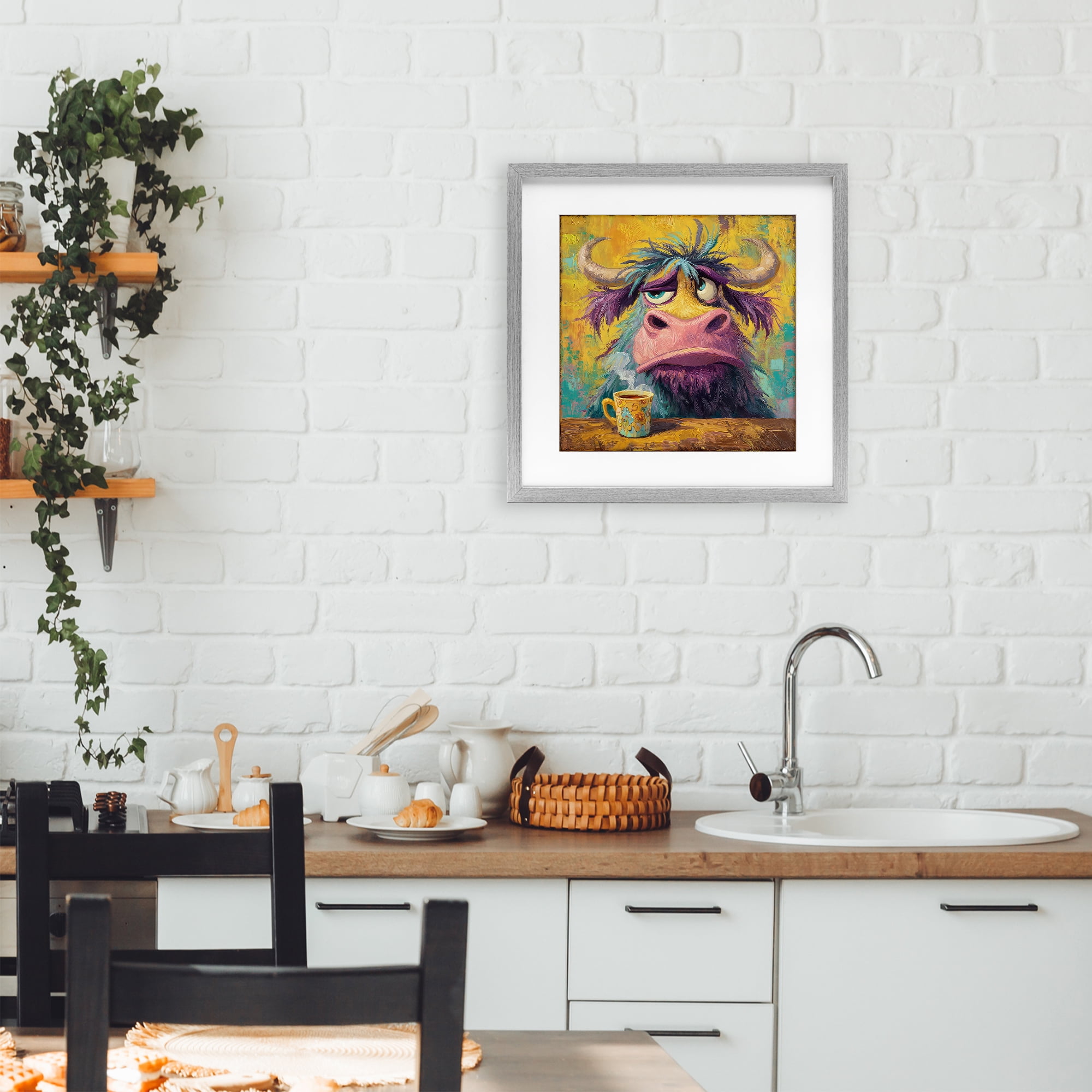 Stupell Industries Grumpy Cow & Mug Gray Framed Print Under Glass, design by The Wands Want