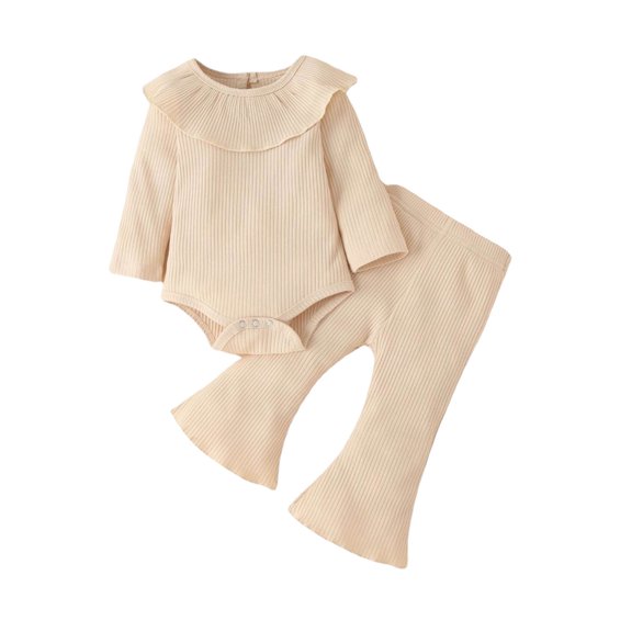 masbird Newborn Baby Girl Clothes Solid Color Rib Frill Long Sleeve Romper Flared Pants Headband Set 3pcs Fall Winter Outfits 0 3 6 12 18 24 Months(Beige,9-12 M)