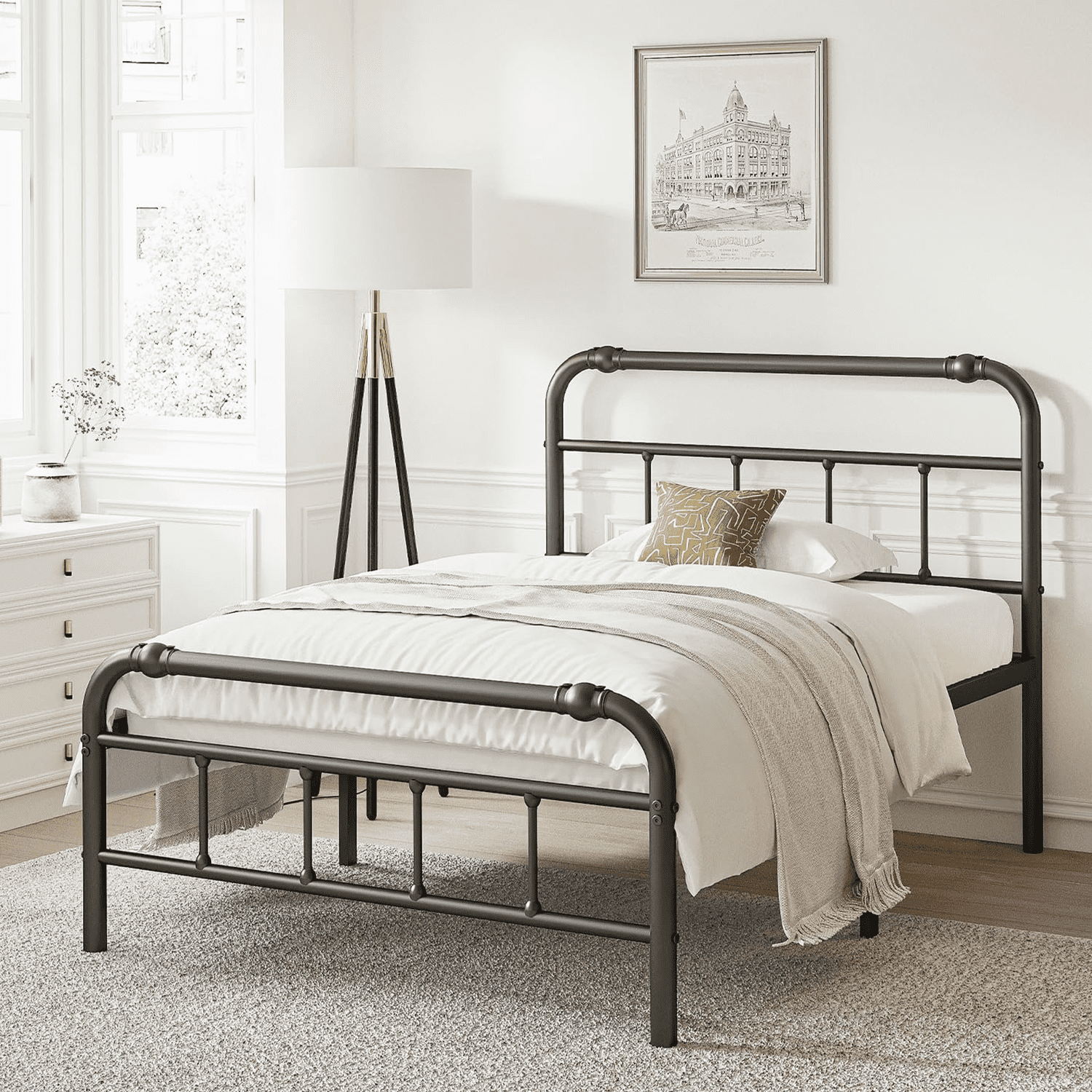 QFTIME Twin Bed Frame with Headboard, Vintage Style, Heavy-Duty Metal Platform Bed Frame with 18" High, Non-Slip and Noise-Free, No Box Spring Needed, Black