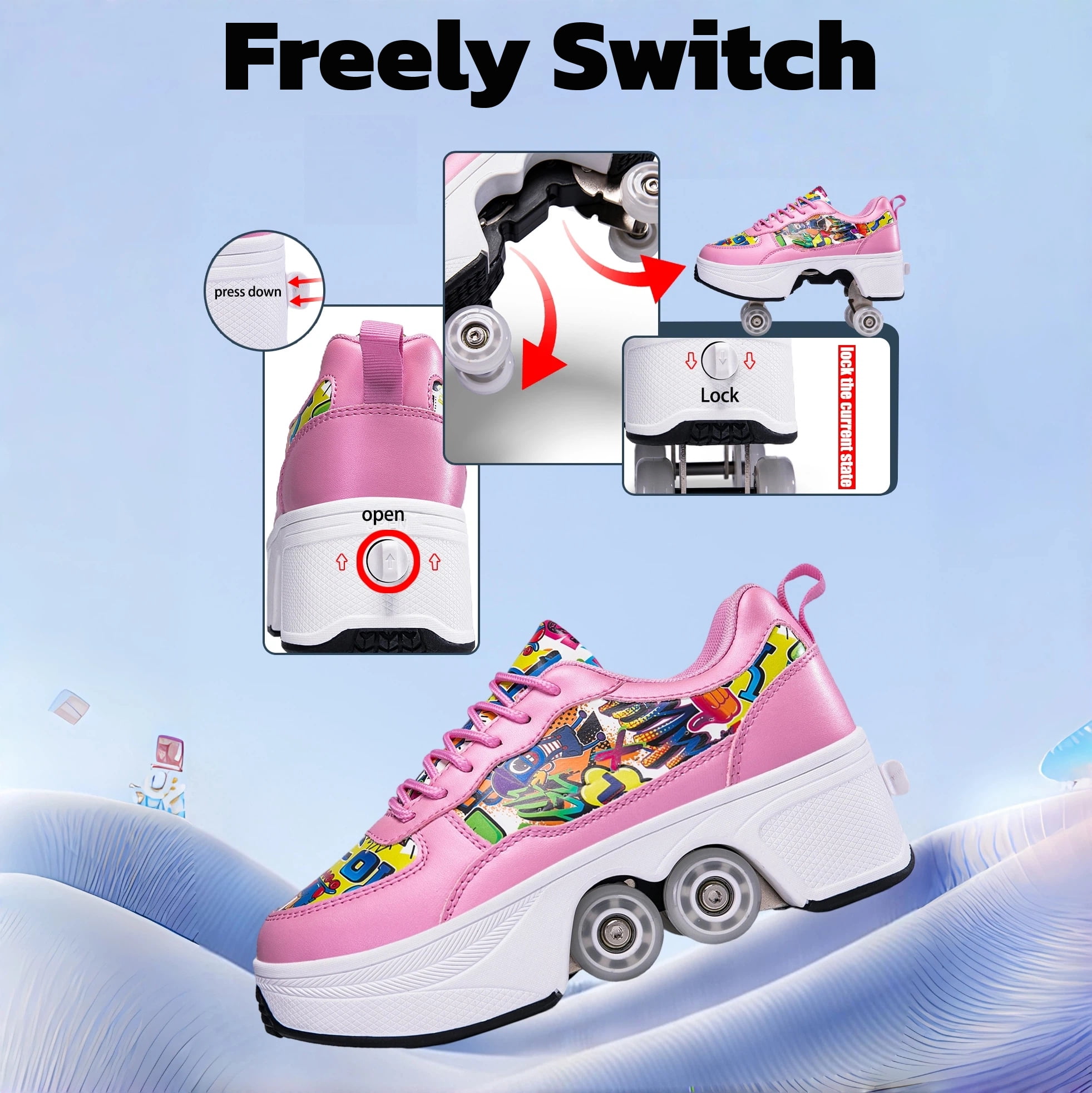 CZV Women's & Teens Graffiti Print Four-Wheel Convertible Roller Skate Shoes,2-in-1 Roller Skates & Sneakers Unisex Retractable Wheels Indoor Outdoor Fun & Fitness Kick Roller Shoes
