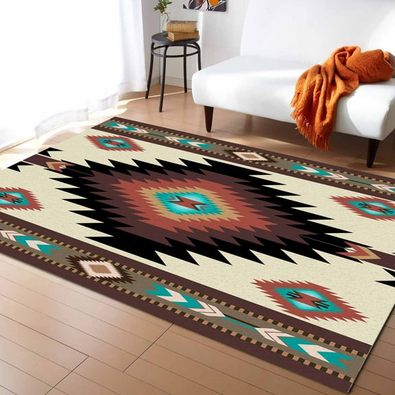 Boho Area Rug 5'x8', Southwestern Native Geometric Boho Brown Washable Area Rugs Non Shedding Floor Carpet Rubber Backing Non-Slip Indoor Mats for Living Room Bedroom Kitchen