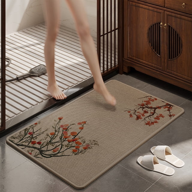 Absorbent Non-Slip Bathroom Mat, Soft Linen Floor Carpet with Beautiful Pattern, Machine Washable Area Rug for Entrances, Bedrooms, and Washrooms, Brown, 60 x 40 cm