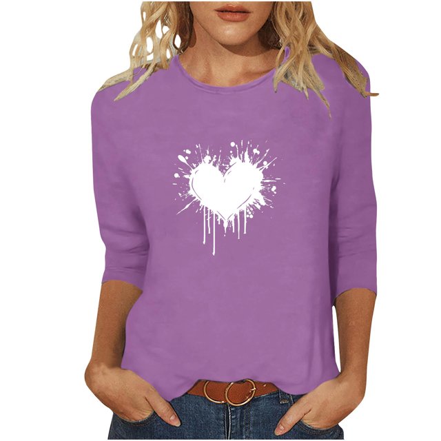 Plebaso Hauts Cœur pour Femmes Manches 3/4 Col Rond T-Shirts Décontractés Imprimé Chandail Femmes 2025 Tee Blouses