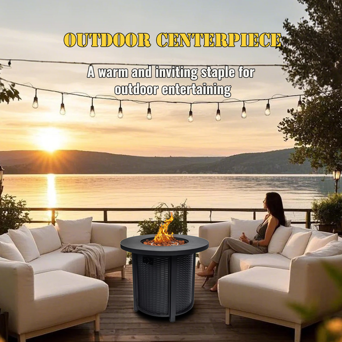 AJ Enjoy 30" Round 50,000 BTU Propane Gas Fire Pit Table with Lid, Black