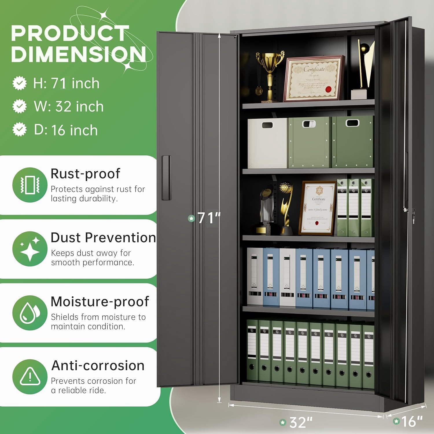 SOLAURA Garage Storage Cabinet, 71" H Metal Storage Cabinet with Locking Doors, Black Storage Lockers with Adjustable Shelves for Office, Home, and Garage
