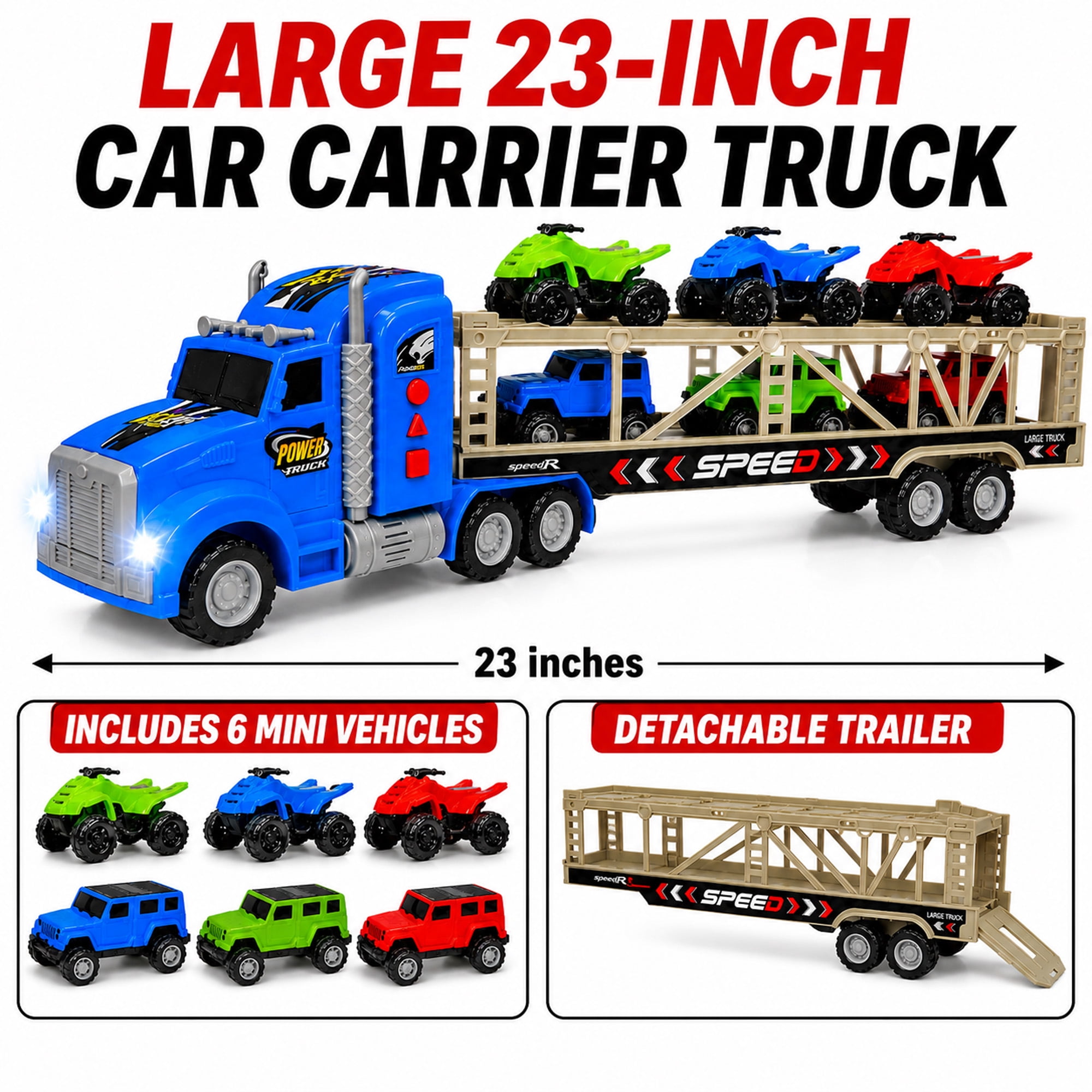 23-Inch Friction-Powered Car Carrier Truck Toy with 6 Mini Vehicles, Lights and Sounds, Detachable Trailer and Opening Rear Door