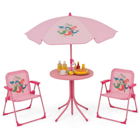 Costway Kids Picnic Table & Chair Set with 2 Folding Chairs & Height Adjustable Umbrella Pink