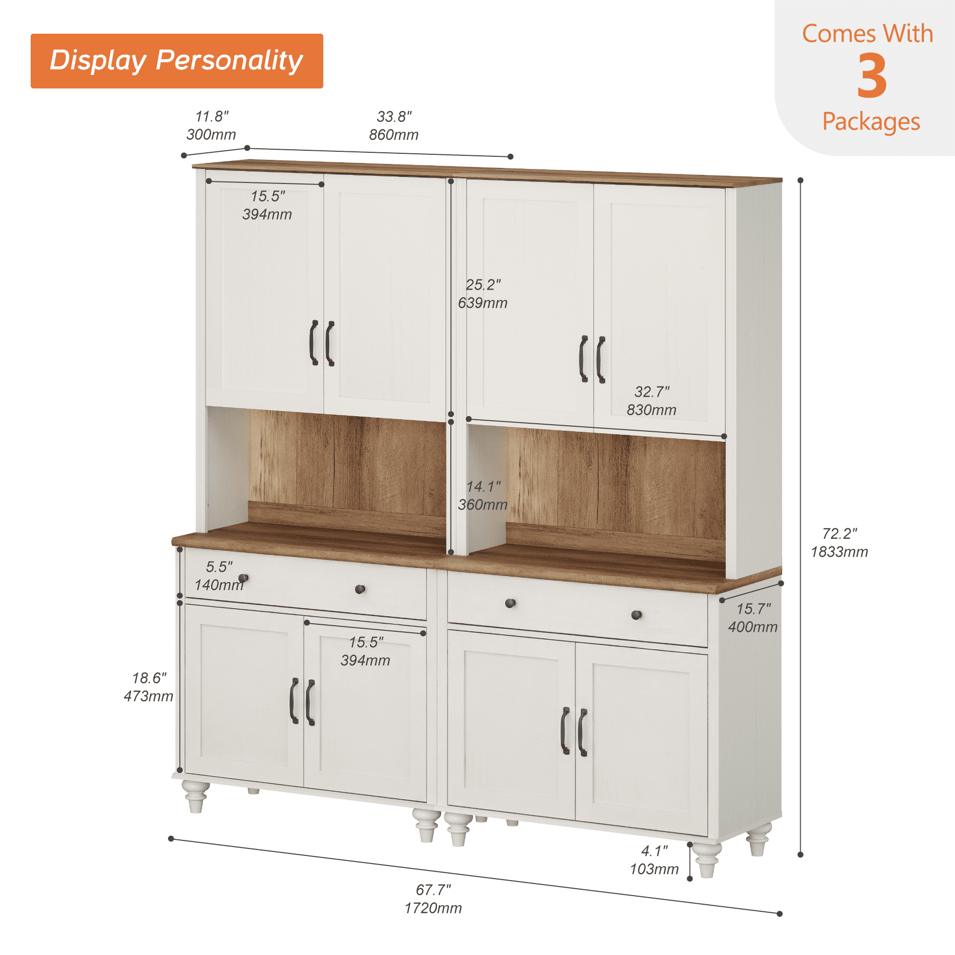 Sideboard Buffet Cabinet with Storage, Large Bookcase, Farmhouse Bookshelf with Ample Storage Cabinet, Large Library Wooden Bookshelves for Living Room, Office, White, 72" H